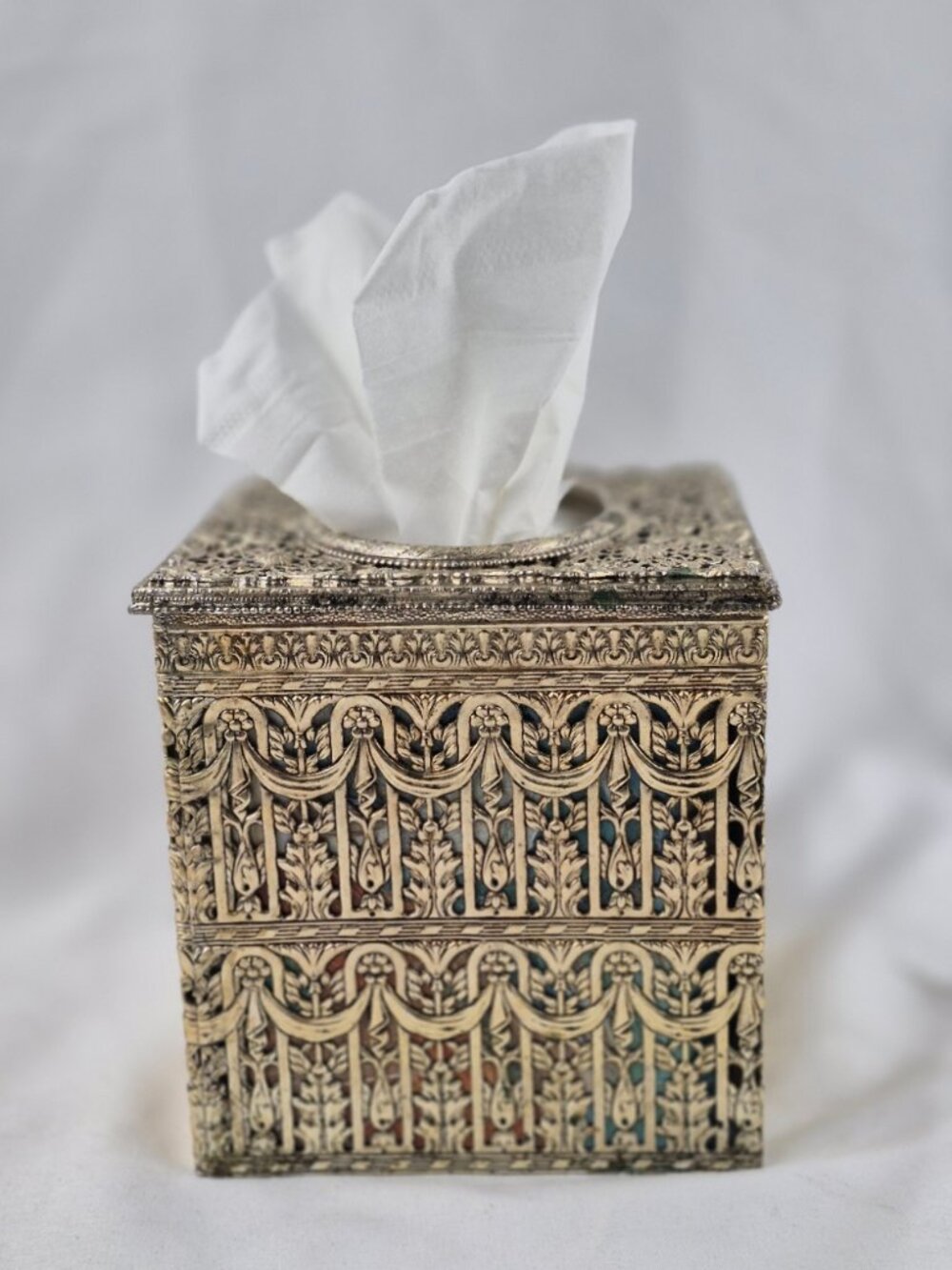 Vintage Hollywood Regency Filigree Vanity Ornate Square Tissue Box Cover
